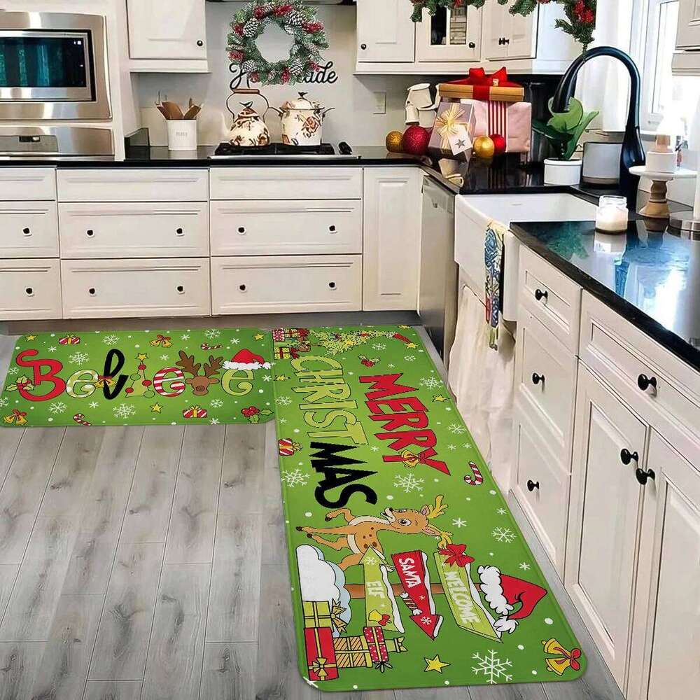 1pc Merry Kitchen Decoration Carpet Funny Hat Christmas Tree Reindeer Design Non slip Floor Mat W260226
