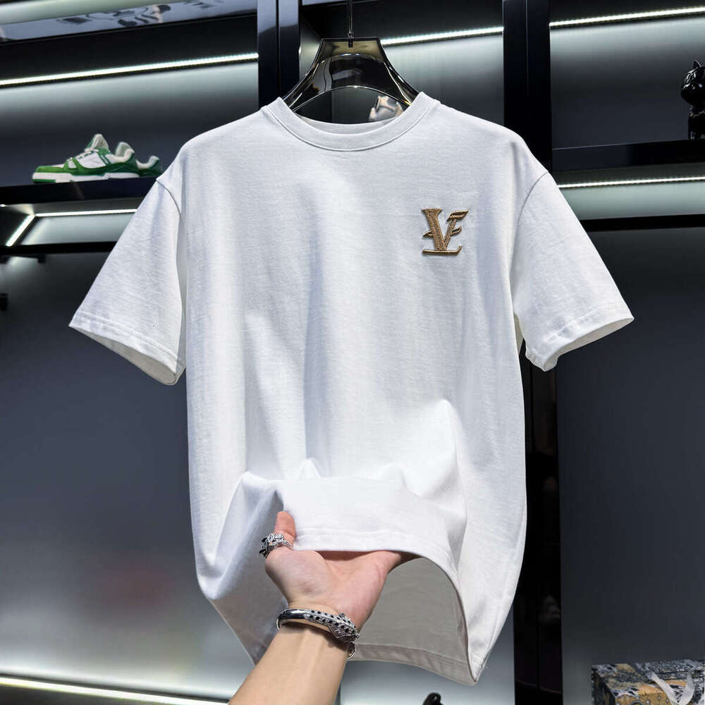 European Men's High-End Embroidered Crew Neck Short T-Shirt New Summer Trend Loose Luxury American Style Half Sleeve