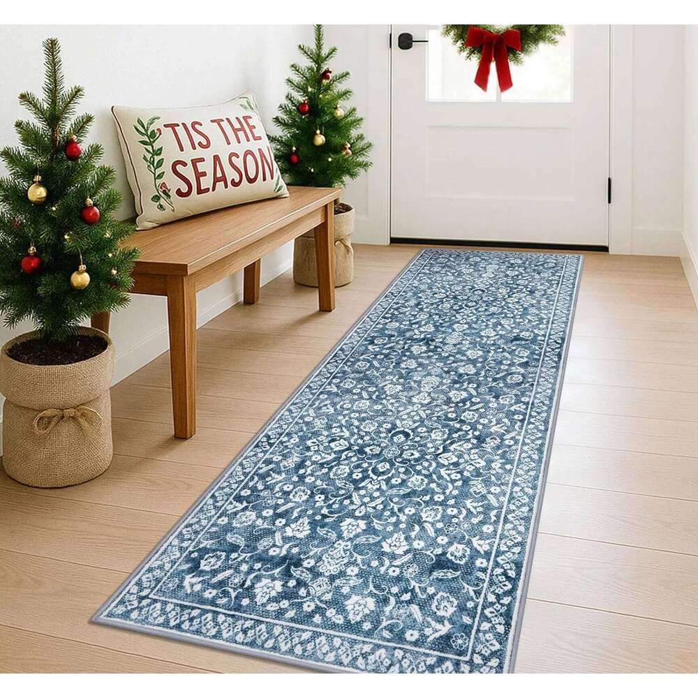 Non Slip Washable Blue Series Runner Rug Floral Geometric Pattern Mat for Kitchen Hallway Corridor Home Decor Floor Carpet W260226