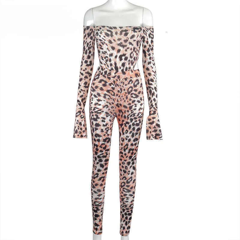 Leopard print women's thong leggings set long sleeved off shoulder elegant slim fit sexy streetwear club
