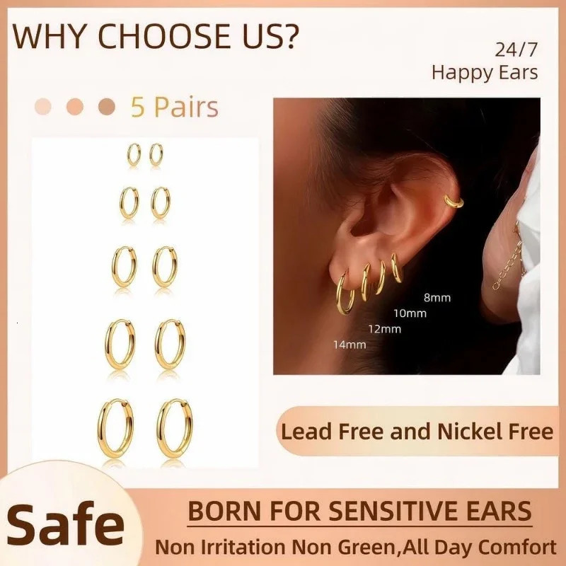 5 Pairs 14K Gold Plated Huggie Hoop Earrings for Women Lightweight Minimalist Small Hoops Multiple Piercing Stack Set 260126