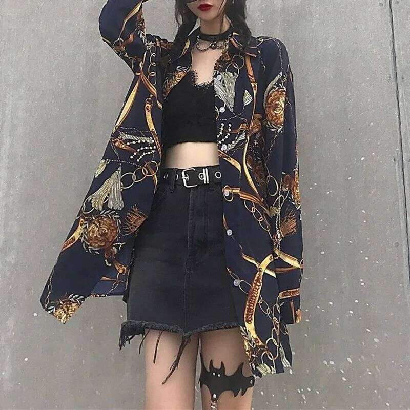 New Spring And Summer Loose Fitting Casual Fashion Trend Lapel Print Vintage Hong Kong Style Versatile Mid Length Shirt