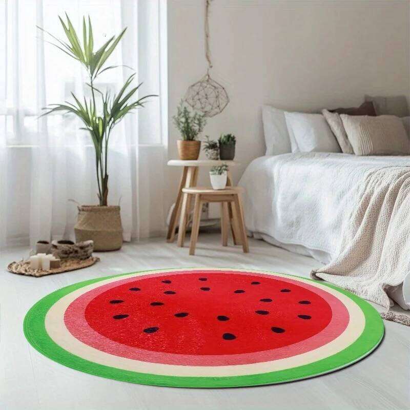 Watermelon Round Rug Soft Crystal Velvet Mat for Living Room, Kids Room & Bedroom Machine Washable Summer Decor W260226