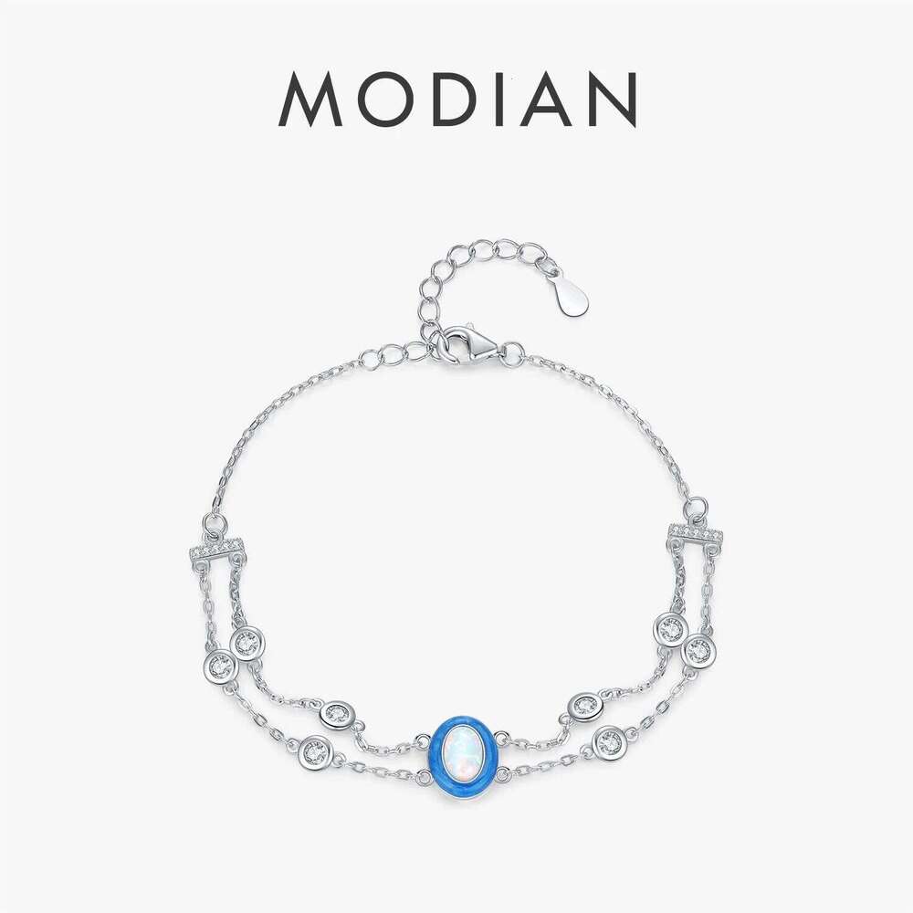 MODIAN 925 Sterling Silver Double Layer Link Chain Charm Gradient Enamel Oval Opal Bracelet For Women Fine Jewelry Z260225