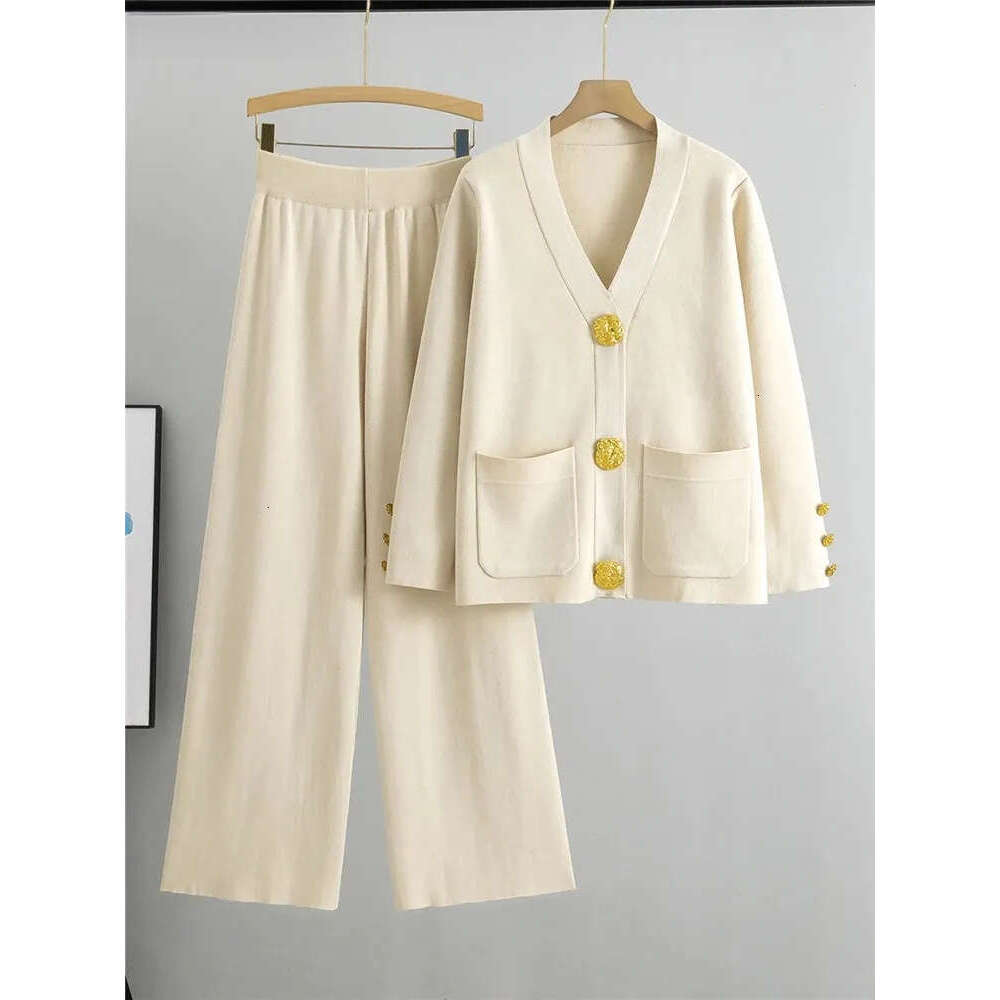 Women's Knitted Sweater Set for Autumn and Winter, Button V-neck Open Fleece Coat, High Waist Loose Set