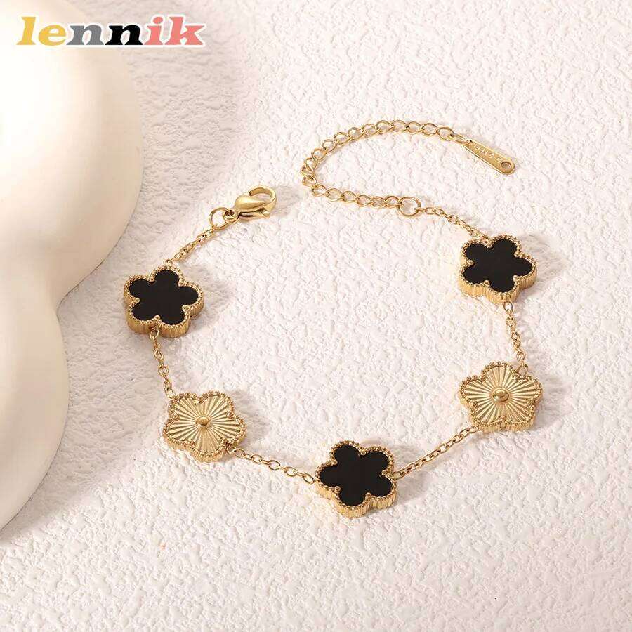 Five-Leaf Clover New Mother-of-Pearl, Sparkling Exquisite LENNIK Bracelet, 18K Plated Rhinestone Womens, Limited Offer Z260225