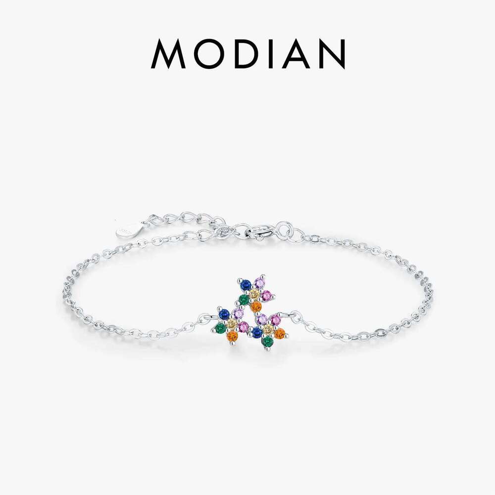 MODIAN 925 Sterling Silver Cute Rainbow Color Zirconia Three Small Flowers Link Chain Bracelets For Women Fine Jewelry Z260225