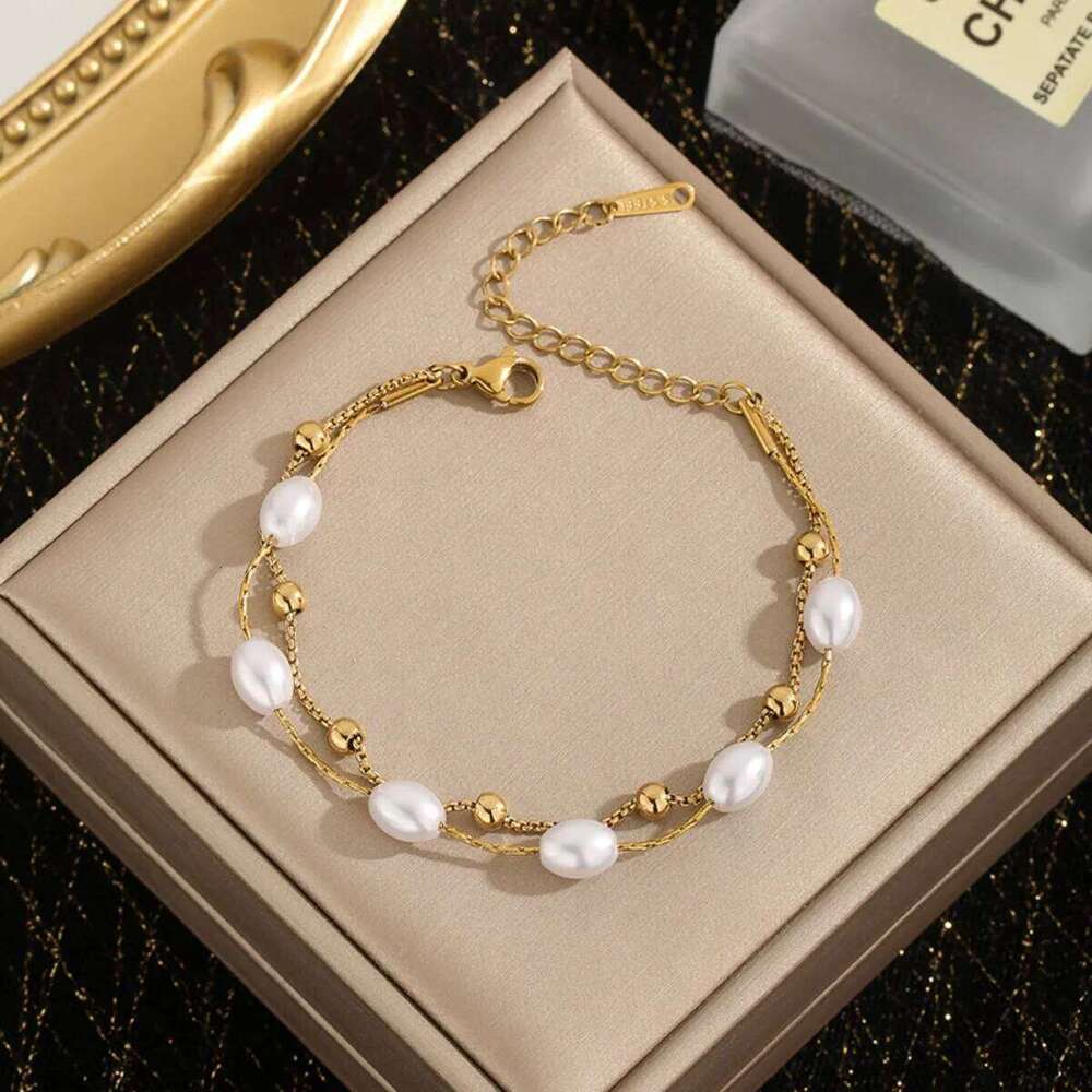 Luxury Double Layer Pearl Bracelet - Stainless Steel Jewelry for Women, Hypoallergenic Gift & Party Bangles Chain Accessories Z260225