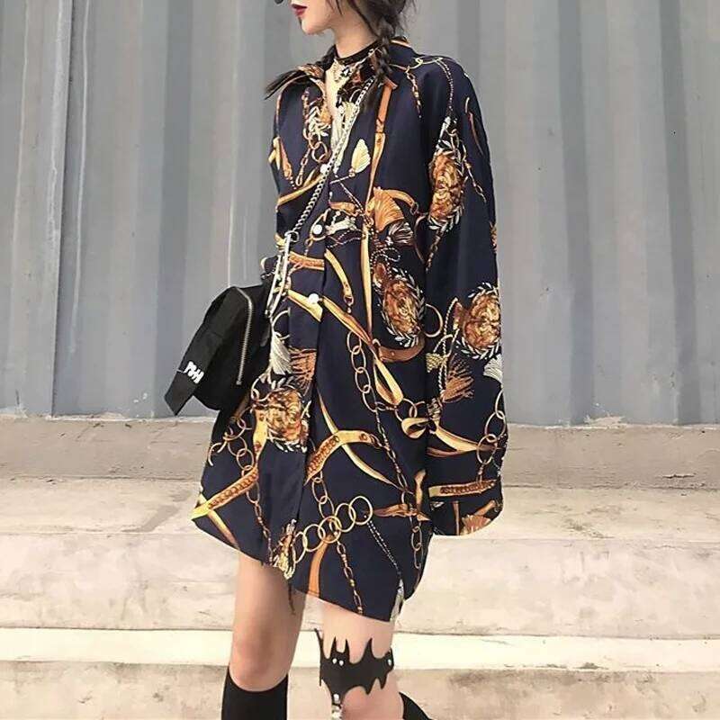 New Spring And Summer Loose Fitting Casual Fashion Trend Lapel Print Vintage Hong Kong Style Versatile Mid Length Shirt