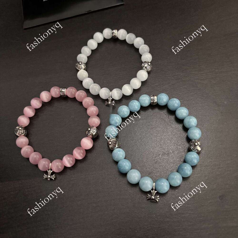 Chrome Cat's Eye Stone Beaded Bracelet Designer With Design High Aesthetic Appeal Cross Silver Bead Accessory Fashionable And Versatile Couple's Bracelet