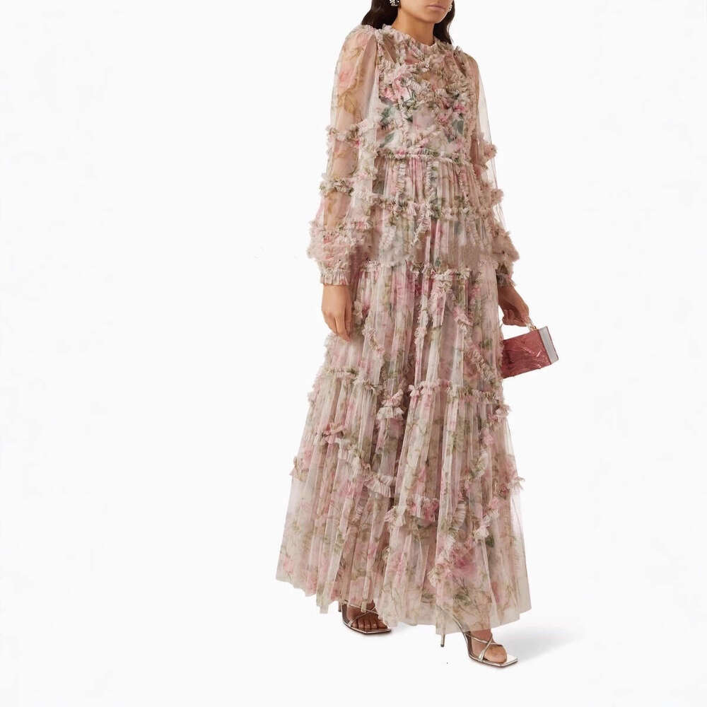 2026 Autumn New Women's Fashion Brand Dream Fairy Flower Mesh Ruffle Long Skirt