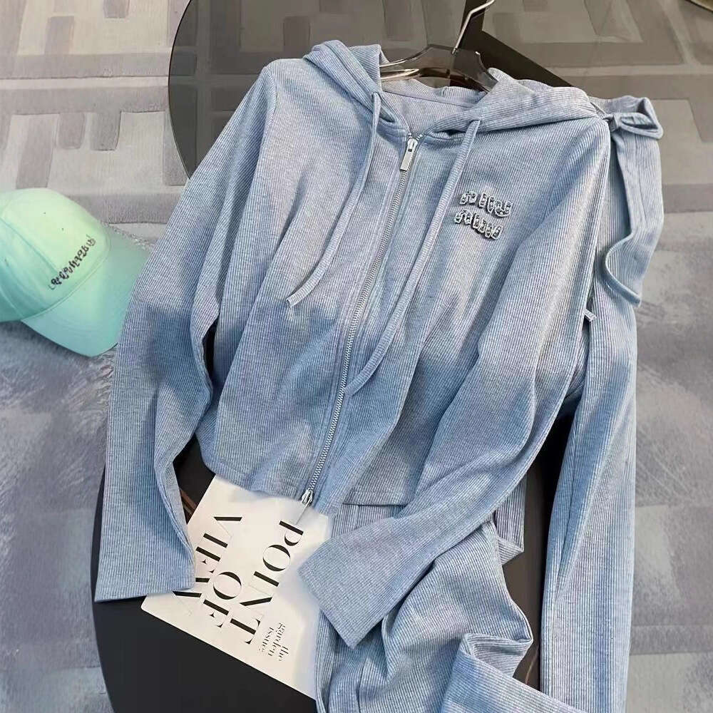Salt-Style Casual Sports Suit For Women, Spring Trendy, Age-Reducing, Slimming, Blue Hooded Sweatshirt And Wide-Leg Pants Two-Piece Set
