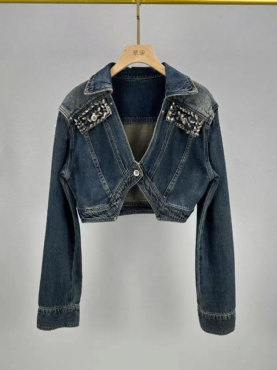 DEAT Womens Denim Coat Heart Beading Pearls Gold Rivets Loose Light Blue Long Sleeve Jackets 2025 Spring Fashion 29L2503 241223