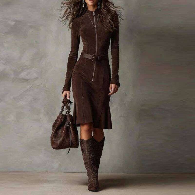 New Fashion Temperament Zipper Long Sleeve Party Autumn Winter Elegant Midi Dresses For Women Office Dress - view 3