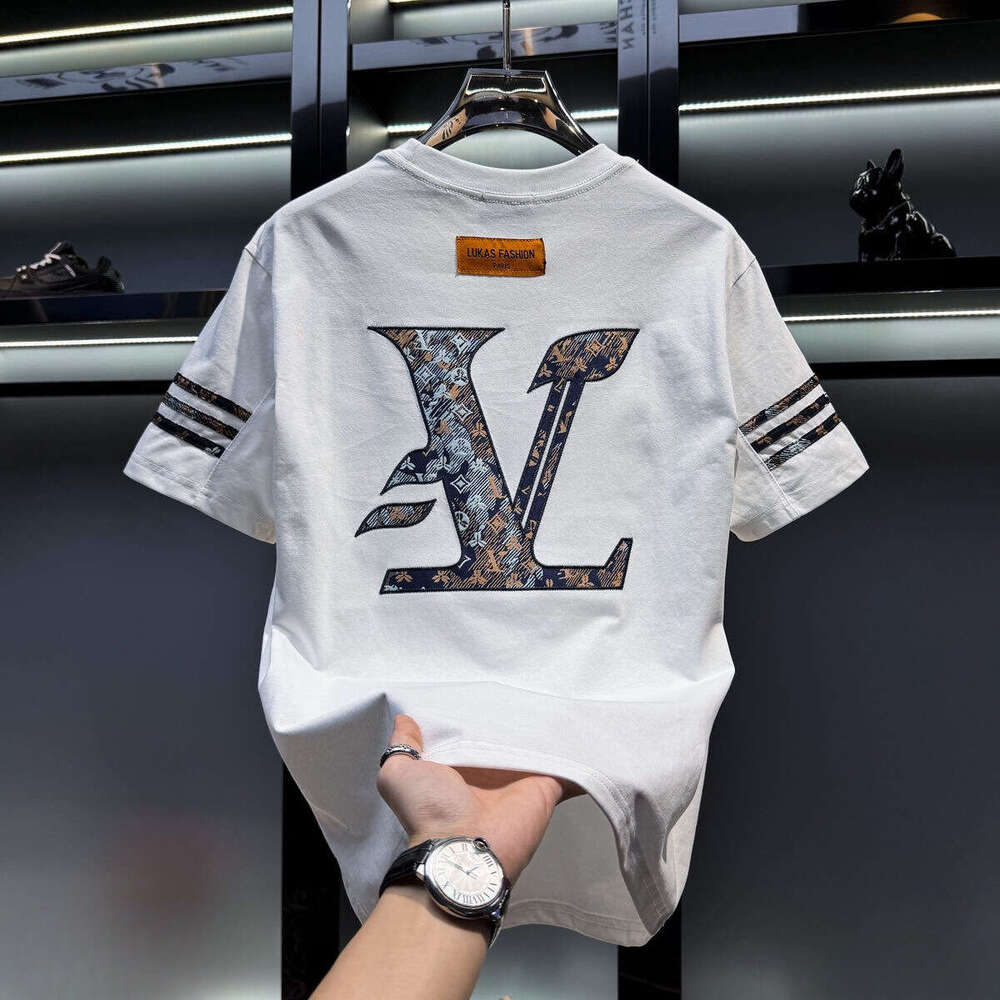 European Men's High-End Embroidered Round-Neck Short-Sleeve T-Shirt, New Trendy Brand Summer Fashion American Style Half-Sleeve