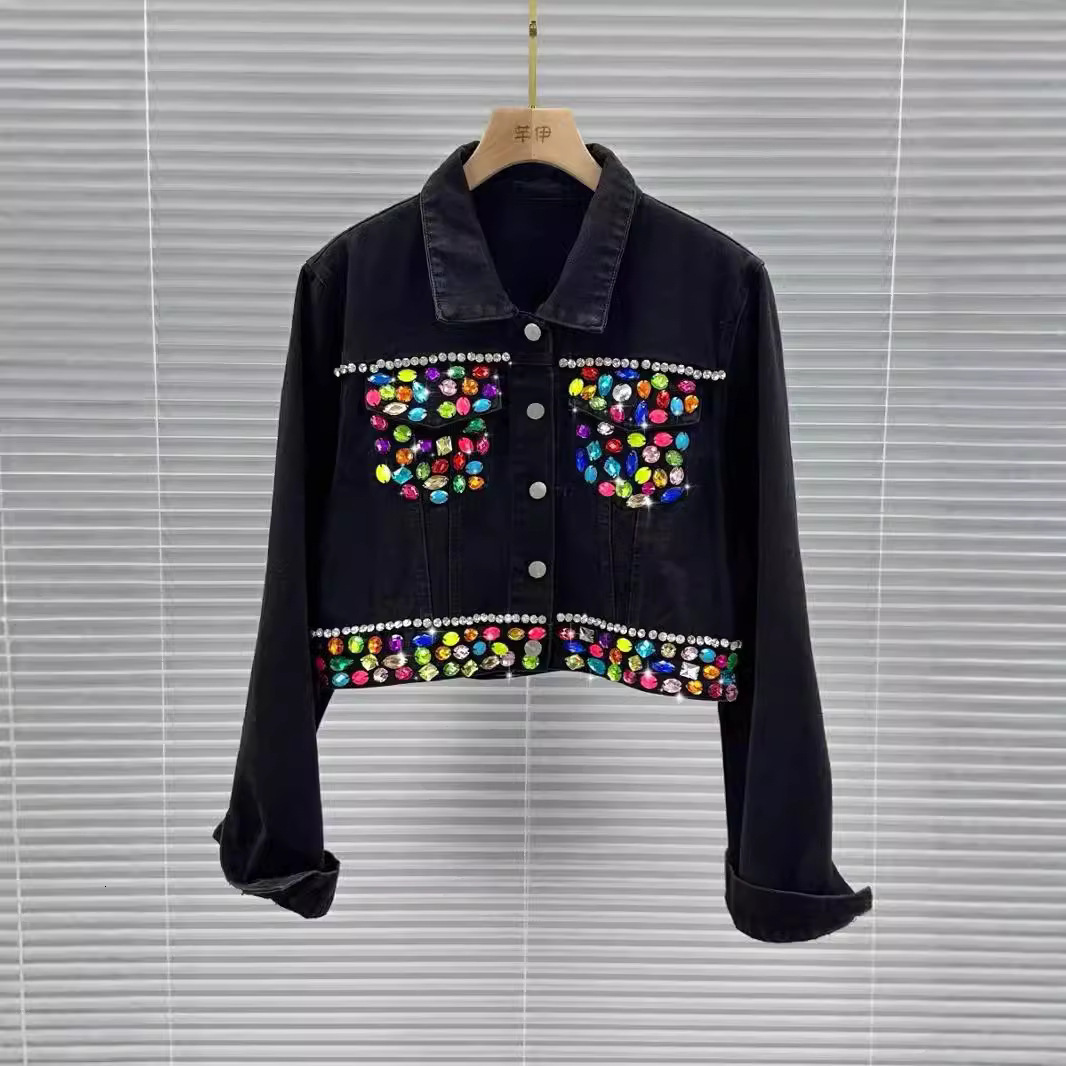 DEAT Womens Denim Coat Heart Beading Pearls Gold Rivets Loose Light Blue Long Sleeve Jackets 2025 Spring Fashion 29L2503 241223