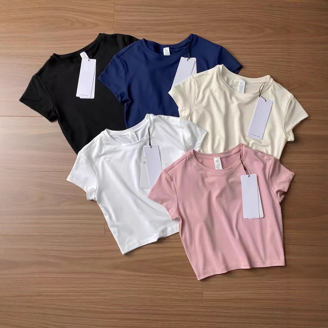 Womens Designer Yoga T Shirt Crop Tops Cew Neck Fintness Short Sleeve T Shirt Skinfriendly Workout Breathble Cotton Tops