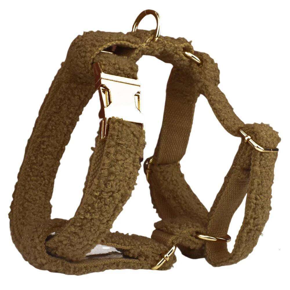 Cute Fluffy Teddy Material Brown Dog Harness And Leash Set Puppy Collars Custom Logo Pet Leads Accessory