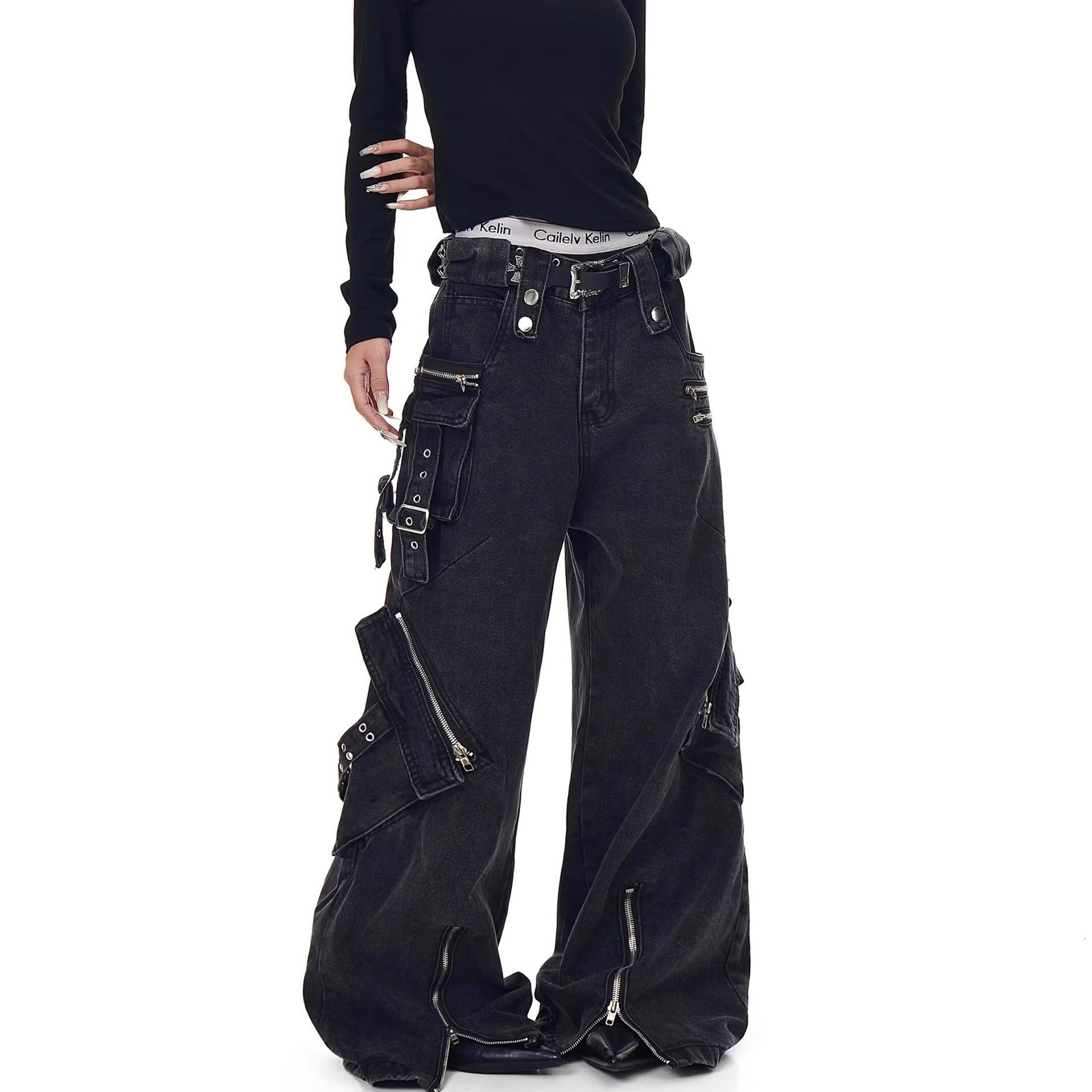American vibe pants trendy high street brand black lace-up jeans for women straight slim-fit zippered cargo pants for spring240806