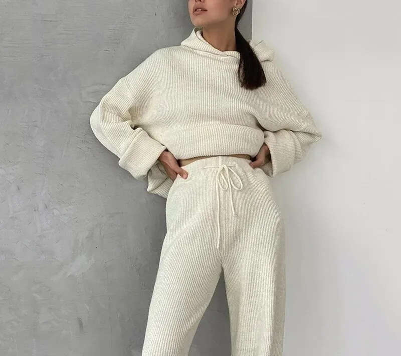 Women's Knitted Sports Set with Hoodie, Wide Leg Pants, Casual Home Sweater Two Piece Set 2026
