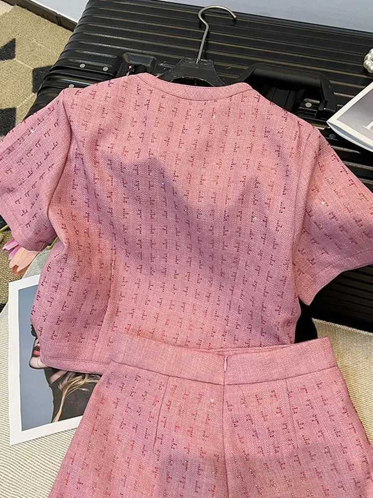 BESTBAFU Pink Tweed 2 Piece Set for Women, Short Sleeve Jacket & High Waisted Shorts, Summer Fashion Outfit 003PT260226