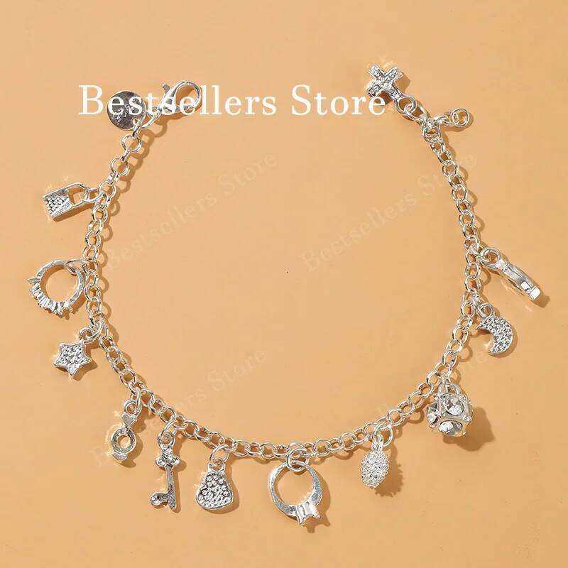 925 Sterling Silver 8 Inches Star, Moon, Zircon, Cross Bracelet Fashion Women's Charm Elegant Gift Jewelry Z260225