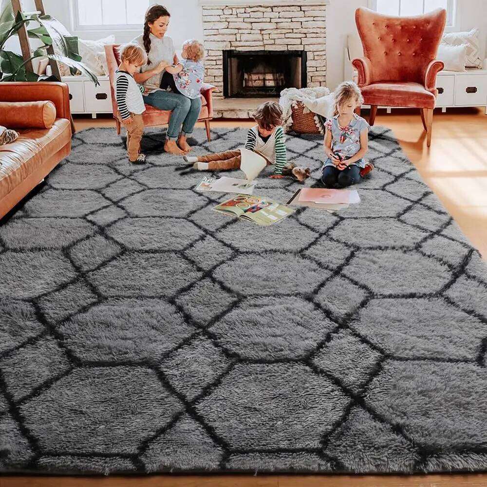 Large Grey Black Geometric Shaggy Rugs Living Spaces, Washable Plush Throw Carpets for Bedrooms, Kids' Rooms, and Dorms W260226