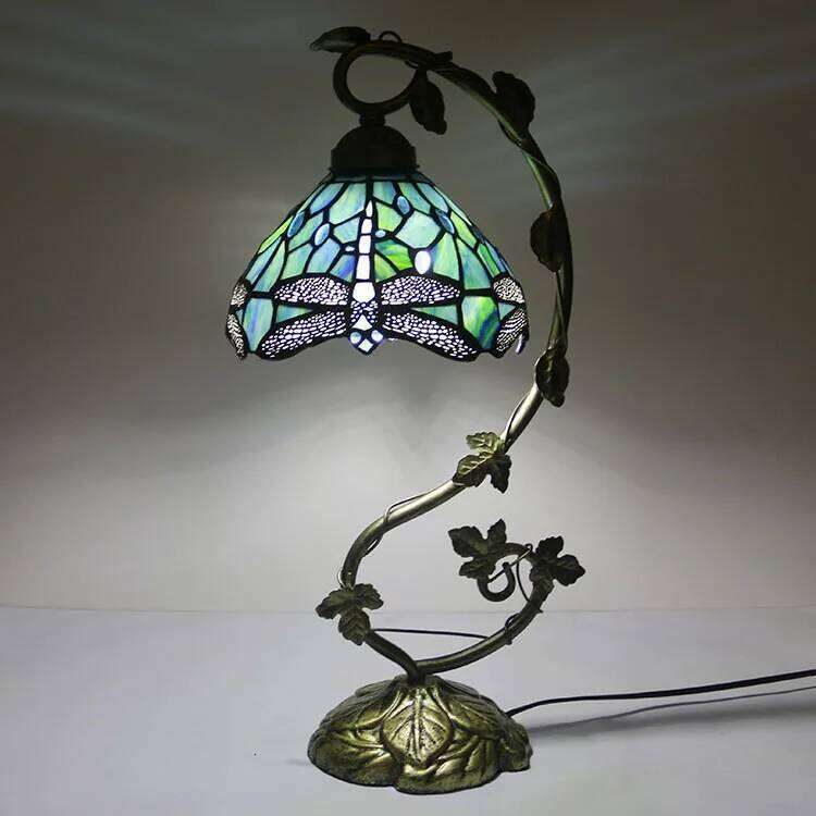 8Inch Desk Banker Stained Glass Bedside Table Lamp Blue Dragonfly Style Metal Leaf Thin Base 21Inch Tal H260225