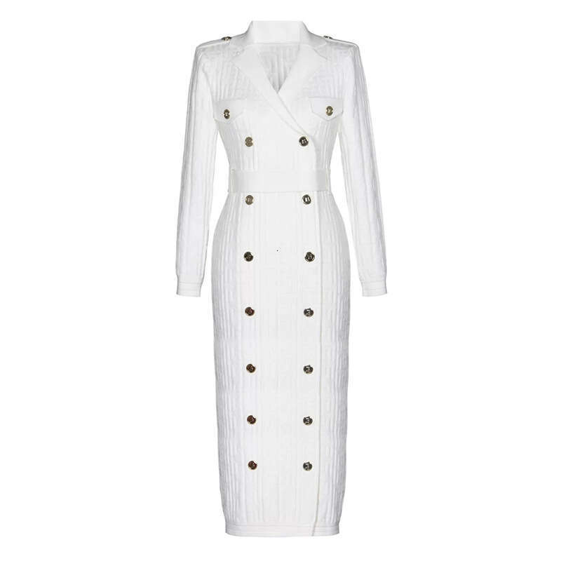 25 Spring/Summer European and American fashion Bajia dark pattern double row metal buckle queenly style multi-color knitted long dress with belt