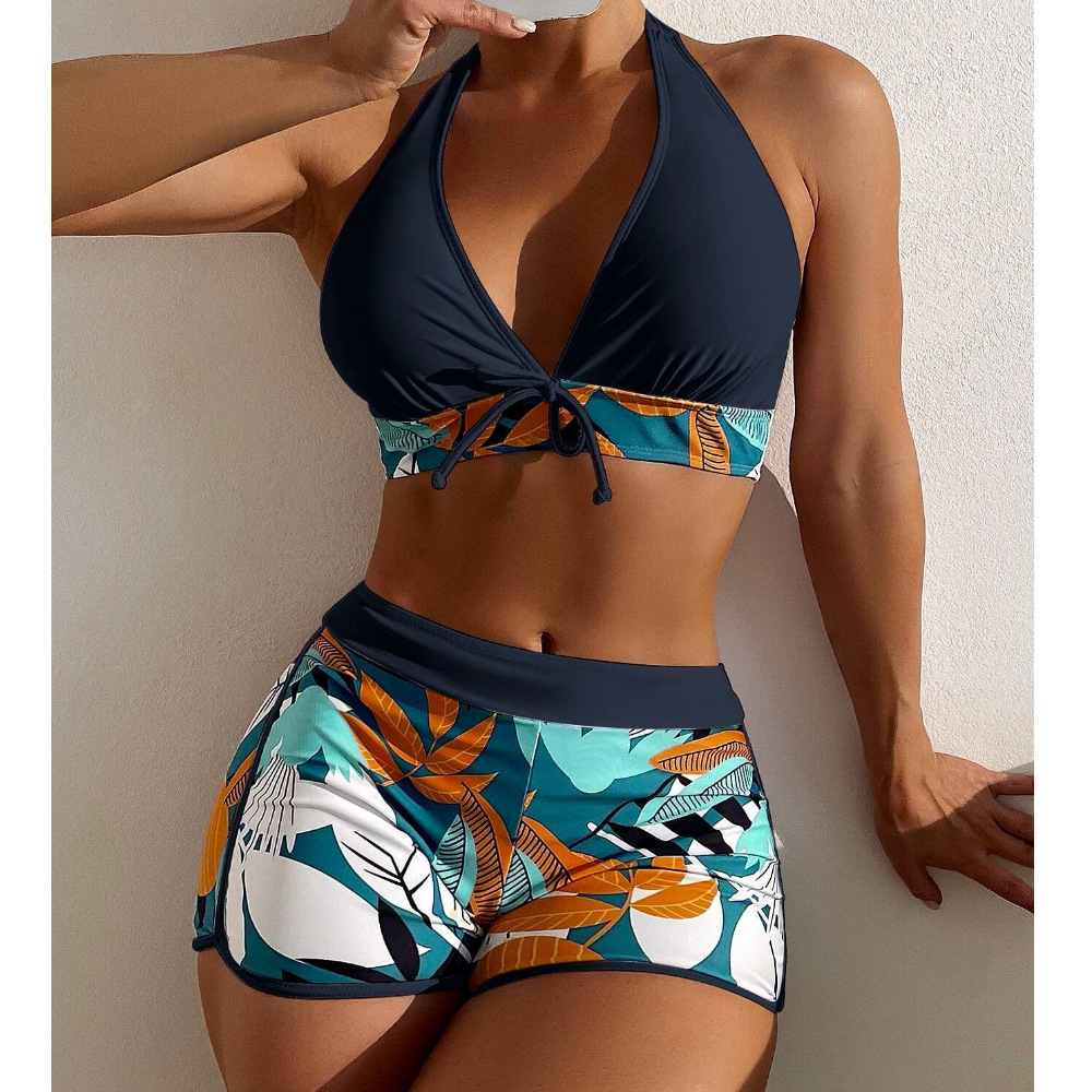 Fashion Printed Swimsuit 2025 New Large Size Womens Halter Neck High Waist Boxer Conservative Beach Swimwear 250306
