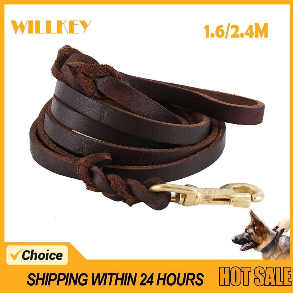 Leash Long Genuine Leather Dogs Leashes Braided Walking Training Leads Brown Color For Medium Large Dog Strong Heavy Pet