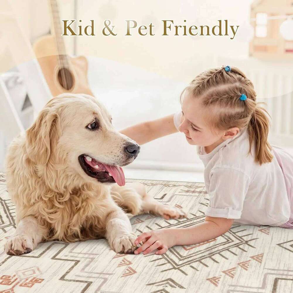 Beige Western and Aztec Tribal Boys Neutral Rug Living Room, Soft Non-Slip Stain Resistant Large Carpet for Bedroom Dining W260226