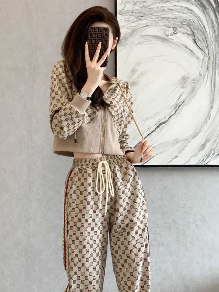 Women's Two Piece Set, Print Zip Hoodie & Wide Leg Pants, Spring Autumn Casual OutfitT260226