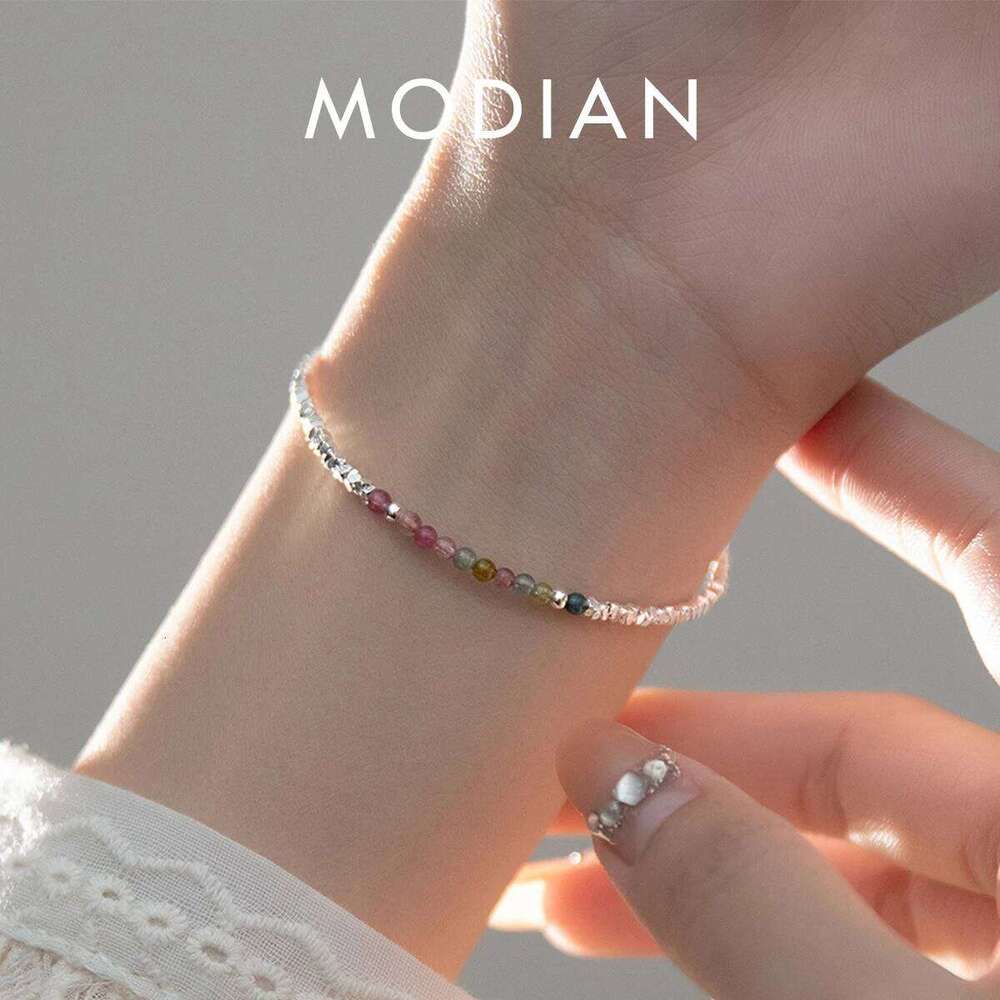 MODIAN 925 Sterling Silver Natural Colorful Beads Tourmaline Charm Bracelet Sweet Stackable Link Chain For Women Girls Jewelry Z260225