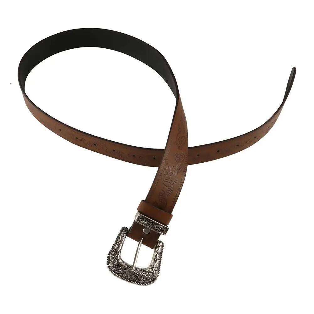 Personality Alloy Ethnic Style Vintage Printed Y2k PU Leather Belt Brown Spicy Girl Pants Decorative Female Y260225