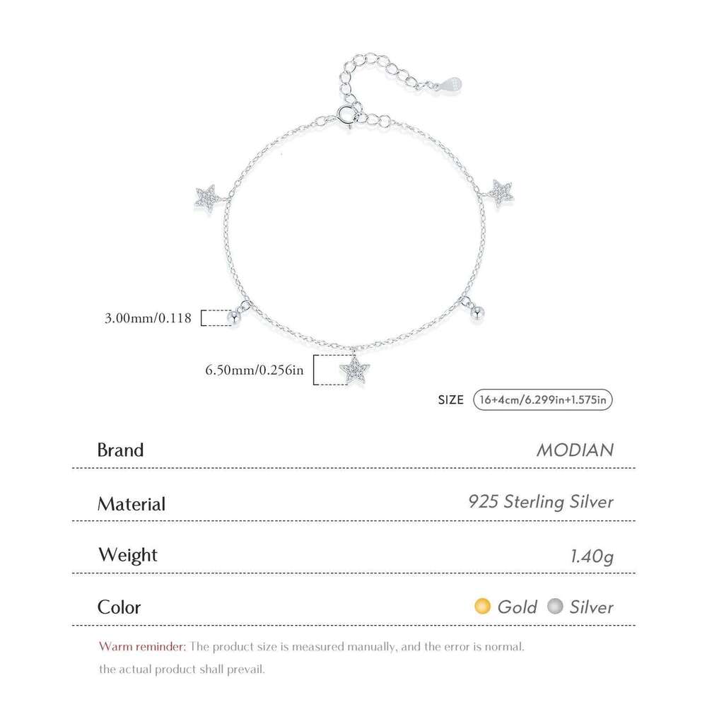 MODIAN 925 Sterling Silver Stars & Beads Charm Pendant Bracelets Gold Color Stackable Link Chain For Women Party Jewelry Z260225