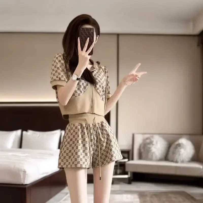 2026 Summer Women's Two Piece Set, Zipper Short Sleeve Top & Drawstring Shorts Casual Sports OutfitT260226