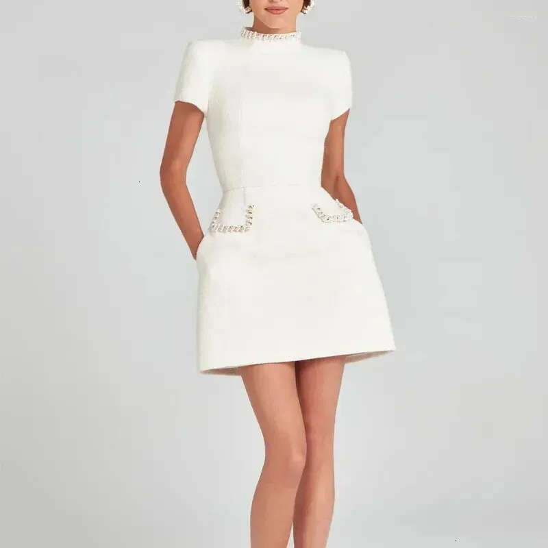 Dress women's elegant floral A-line solid color slim fit short sleeved retro O-neck patch evening collection 2026