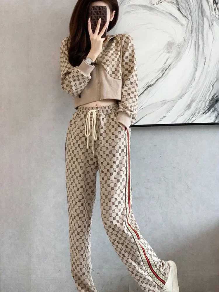 Women's Two Piece Set, Print Zip Hoodie & Wide Leg Pants, Spring Autumn Casual OutfitT260226