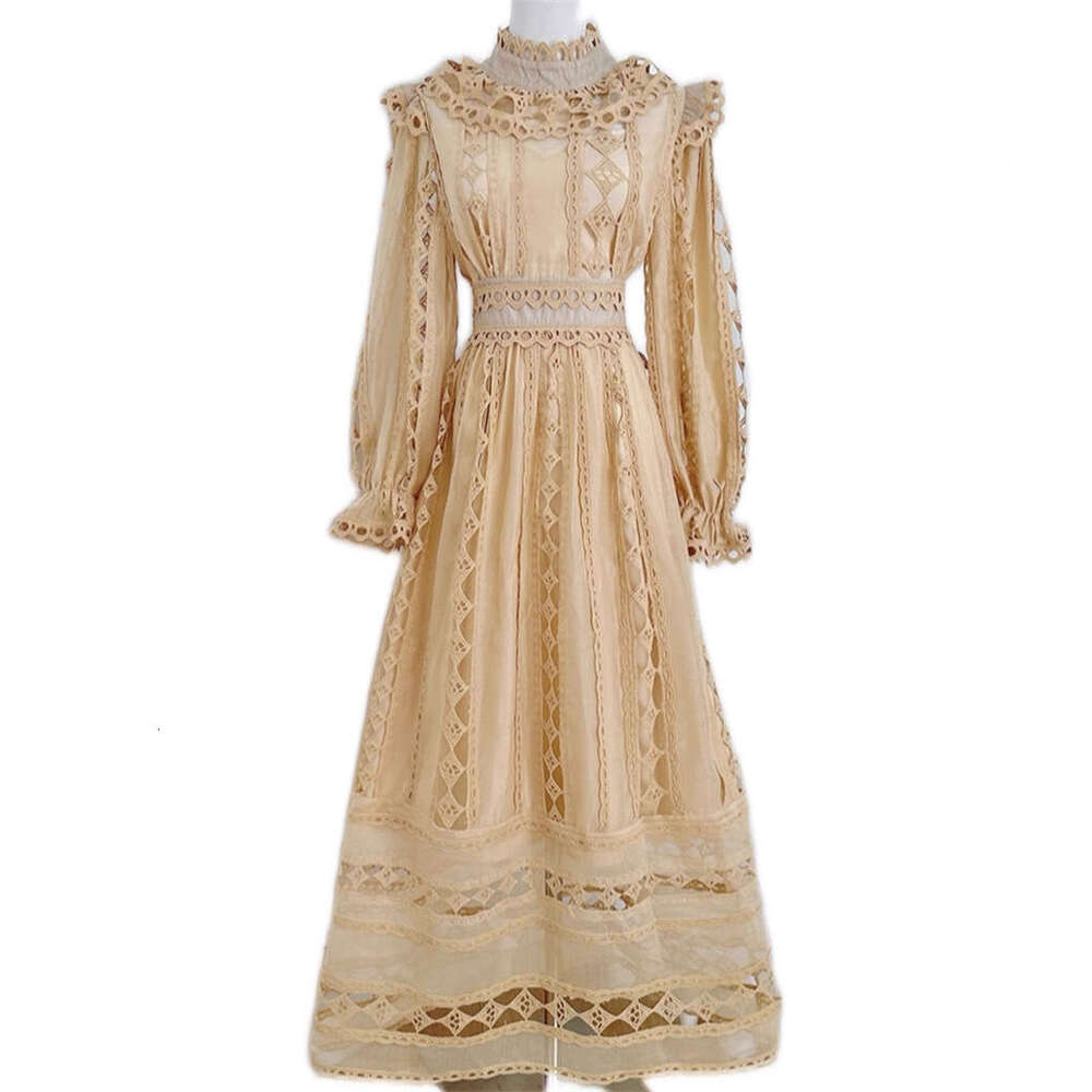 2026 New European and American Women's Design Hollow Lace Splicing Retro Style Long Skirt