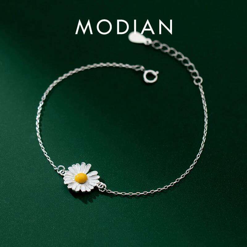 MODIAN 925 Sterling Silver Enamel Daisy Plant Simple Link Bracelet Fashion Charm Chain Jewelry For Women Valentine's Day Gifts Z260225