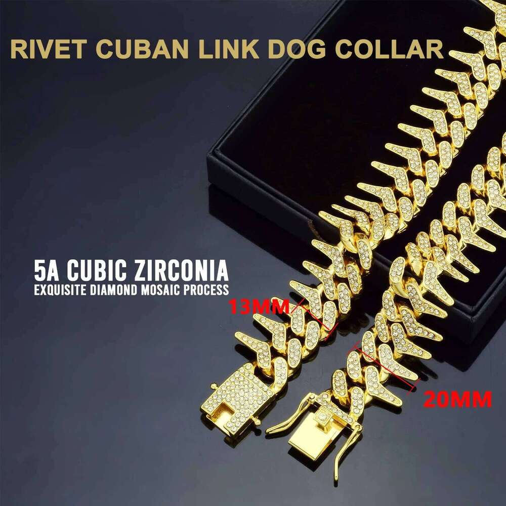 13mm Bling Diamond Chain Cat with Spiked Rivet Design, Luxury Gold Cuban Link Dog Collar for Small Medium Large Dogs