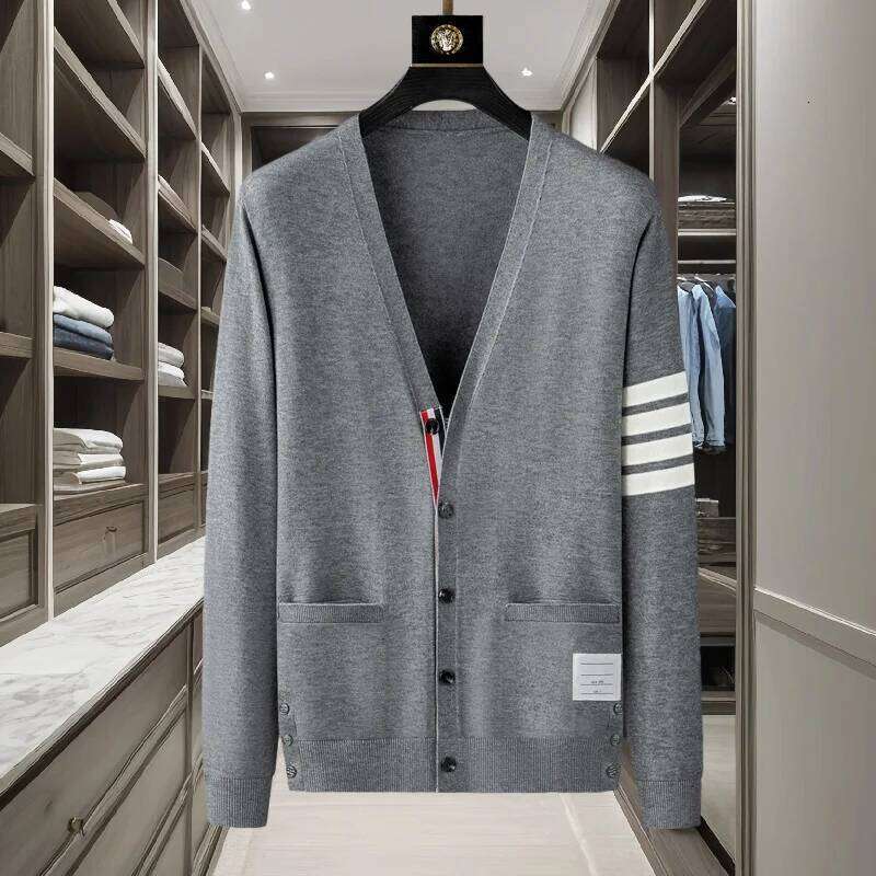 brand men's knitted sweater for autumn and winter striped design Korean version boutique cardigan casual jacket H260226