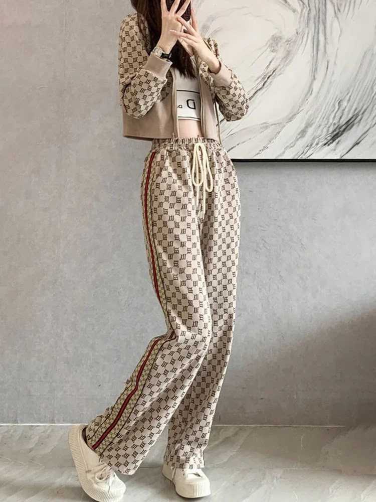 Women's Two Piece Set, Print Zip Hoodie & Wide Leg Pants, Spring Autumn Casual OutfitT260226