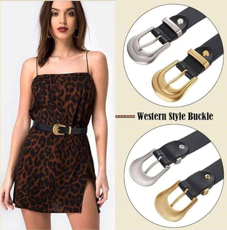 Genuine Women's with Gold Buckle Western for Women Black Leather Belt Retro Waist Belts Y260225