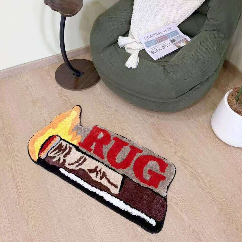 Novelty Burning Matchstick Rug Funny "RUG" Letter Tufted Carpet Non-Slip Doormat for Bedroom Living Room Home Decor Creative W260226