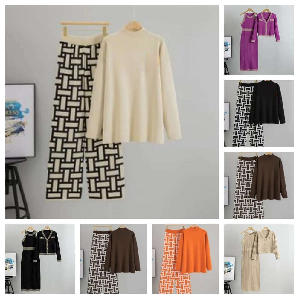 2026 Designer Women's Half High Collar Knitted Sweater Set, Casual Wide Leg Pants Two Piece Set