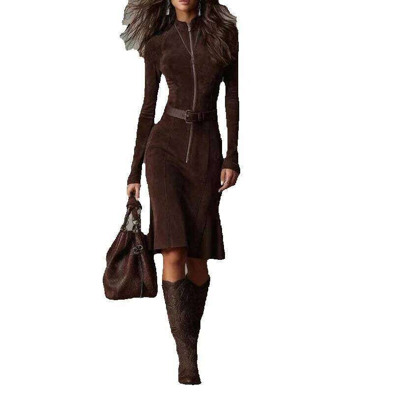 New Fashion Temperament Zipper Long Sleeve Party Autumn Winter Elegant Midi Dresses For Women Office Dress - view 4