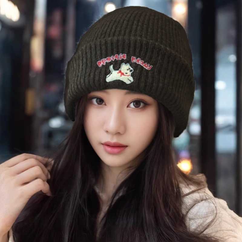 Cute puppy embroidered knitted hat warm for autumn and winter makes the face look smaller new ear-protecting woolen hat versatile cold weather hat S26