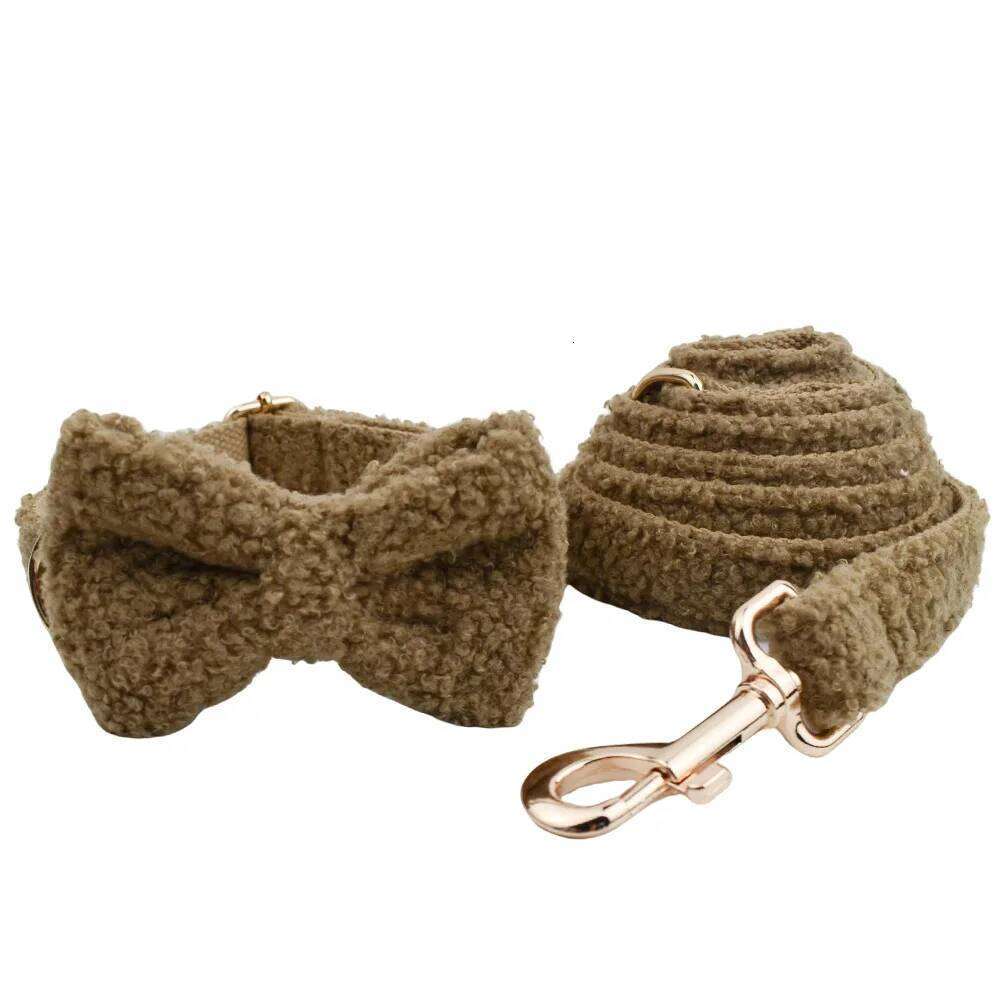 Cute Fluffy Teddy Material Brown Dog Harness And Leash Set Puppy Collars Custom Logo Pet Leads Accessory